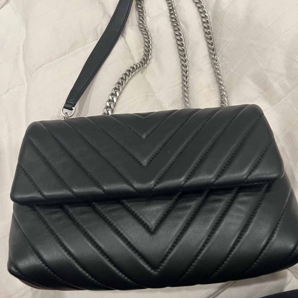 Quince Black Quilted Chevron Crossbody with Silver Chain